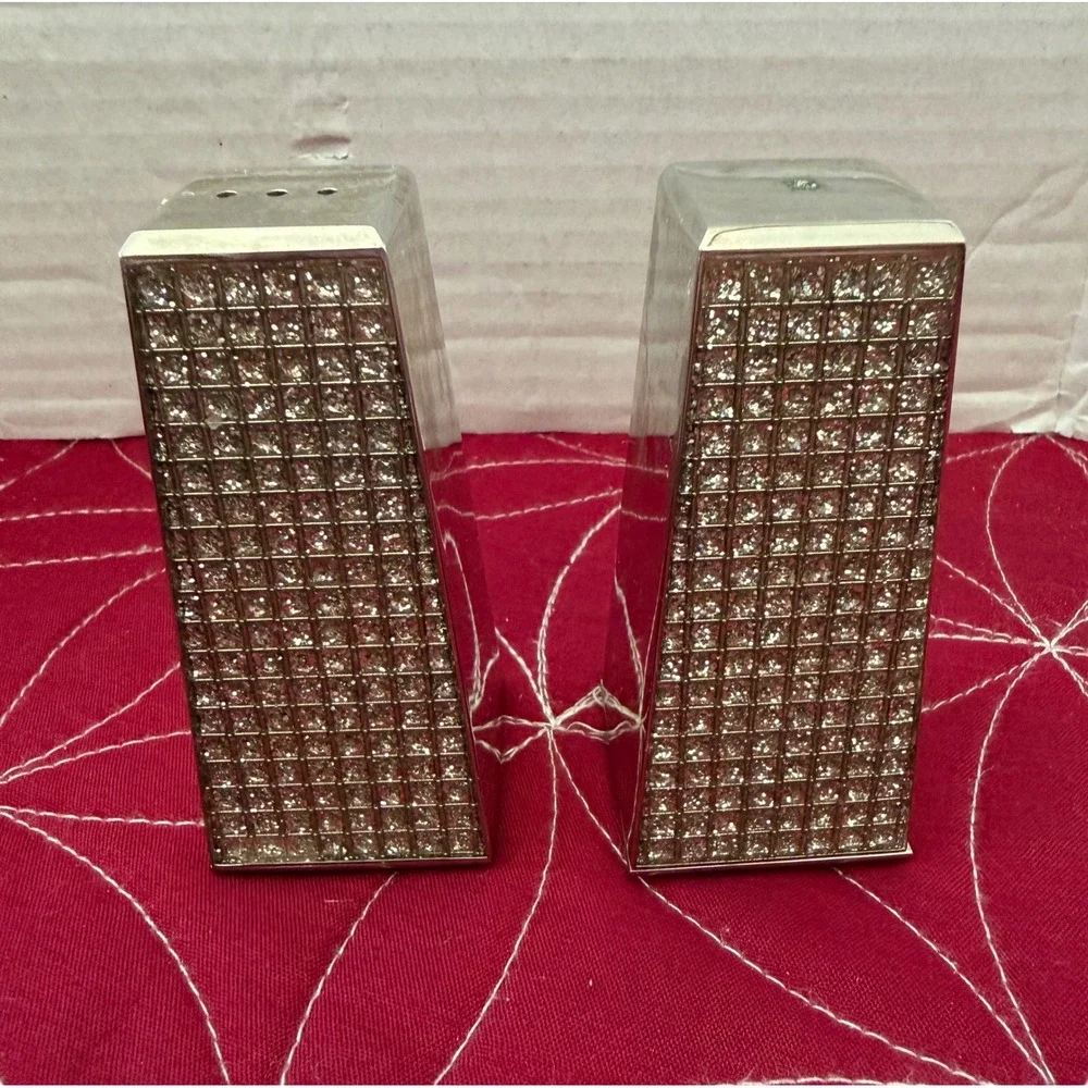Silver Tone Rhinestone Studded Salt and Pepper Shaker Set Modern Wedge Design